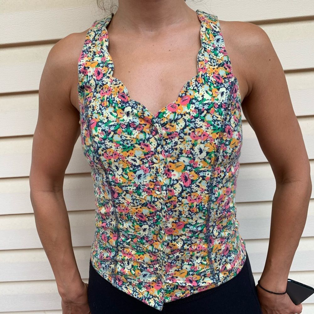 Urban Outfitters floral scalloped edge, buttoned front, square back top, Small